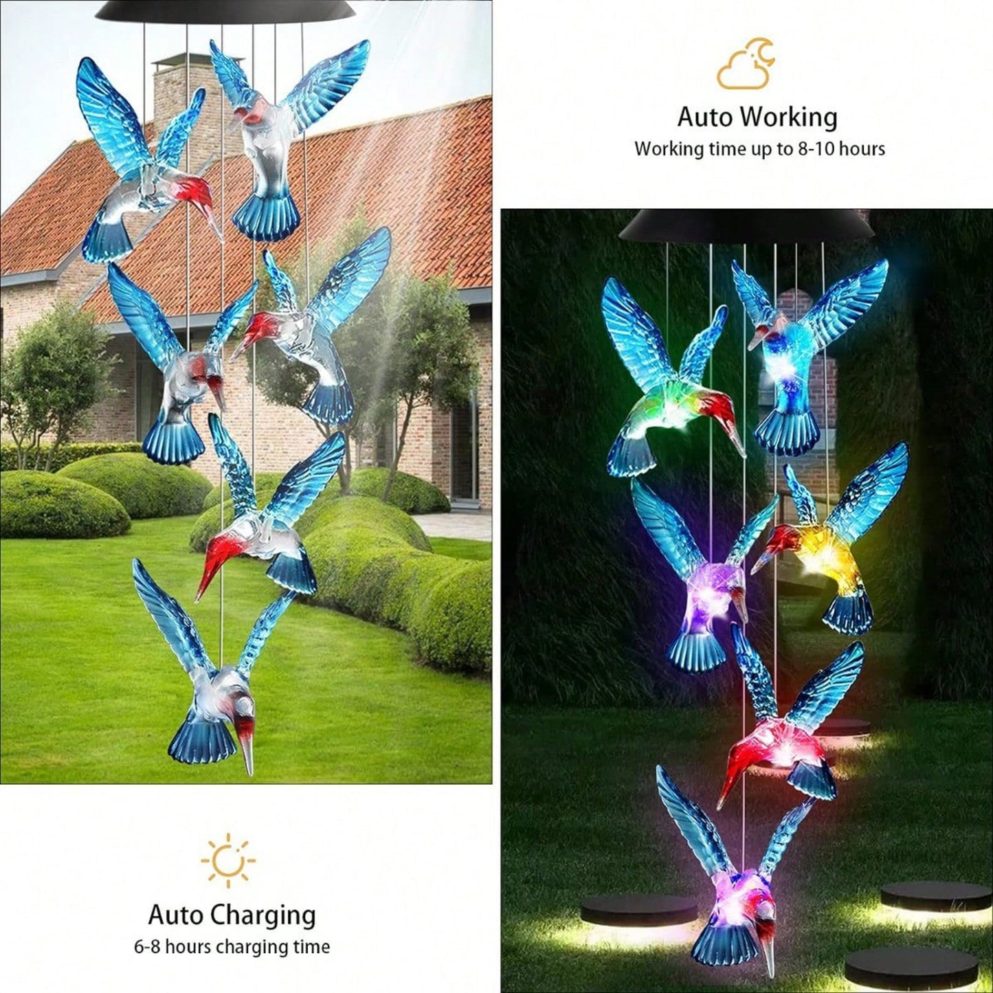 Solar Wind Chime Light with Color Changing Hummingbird Bulbs and Automatic Dusk Sensor for Gardens