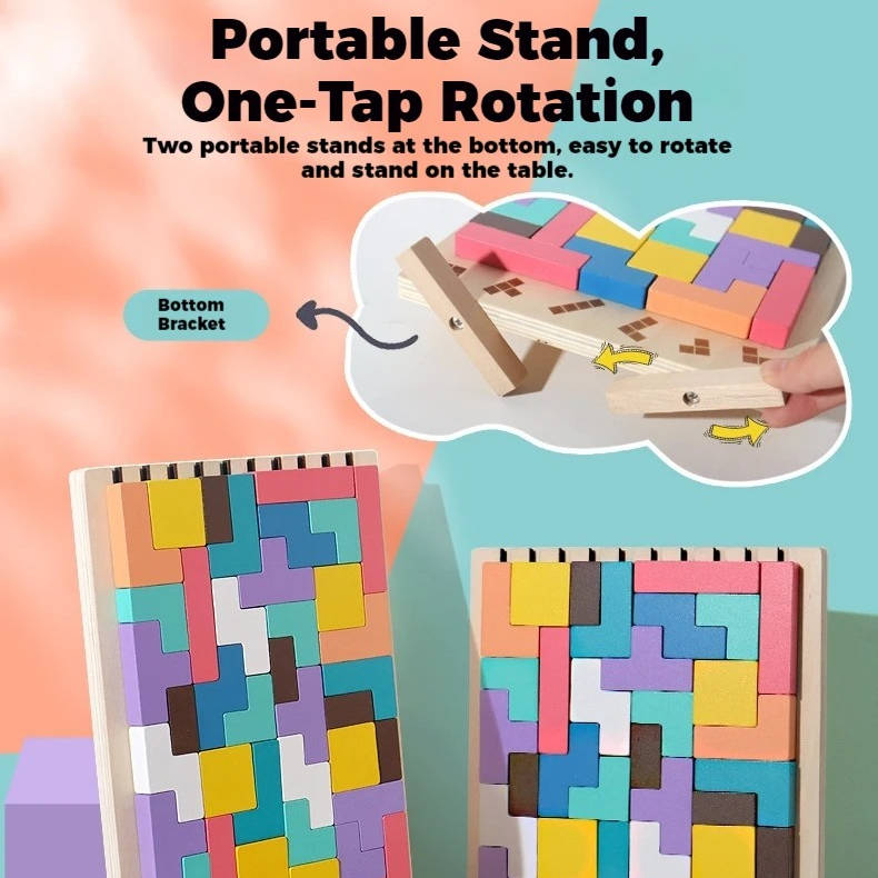 Wooden Block Puzzle Set with Foldout Stand and 42 Colorful Blocks, 10 Pattern Cards