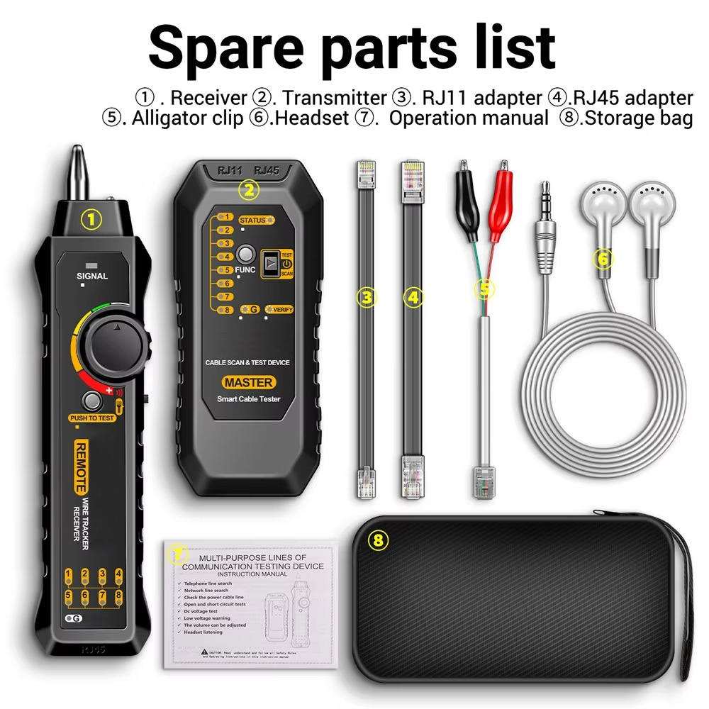 Network Cable Tester with RJ45 and RJ11 Adapters, LED Flashlight