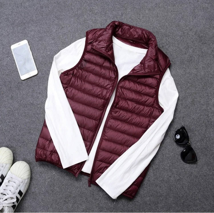 Down Fill Vest with Water Resistant Shell and Stand Up Collar, Packable