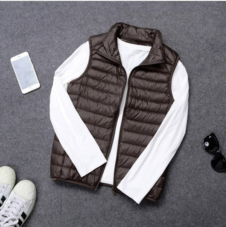 Down Fill Vest with Water Resistant Shell and Stand Up Collar, Packable