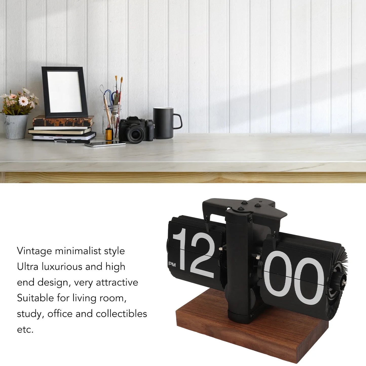 Mechanical Flip Clock with Black Walnut Body and Large Display Numbers