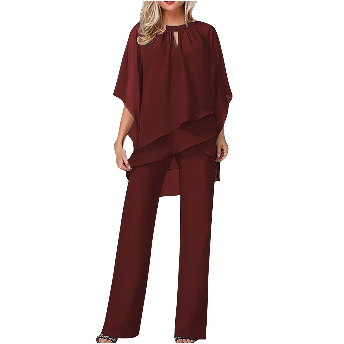 Chiffon Pantsuit with Batwing Sleeves and Shimmer Weave, Machine Washable