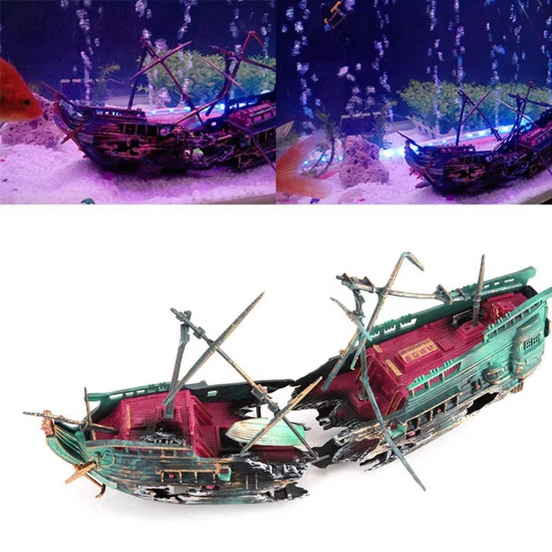 Sunken Boat Aquarium Decoration with Built-In Air System and Multiple Swim Spaces