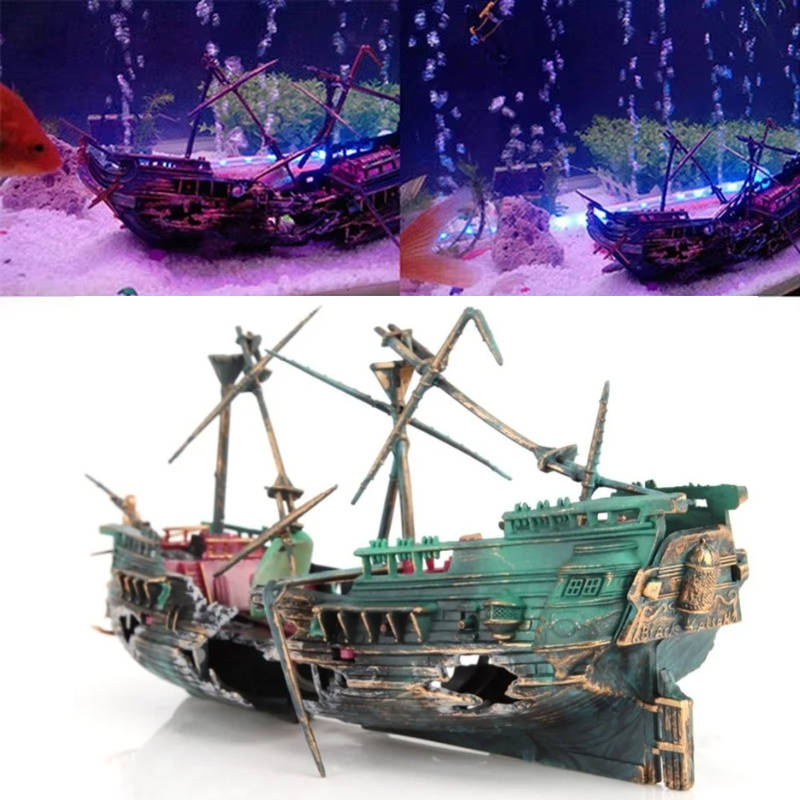 Sunken Boat Aquarium Decoration with Built-In Air System and Multiple Swim Spaces