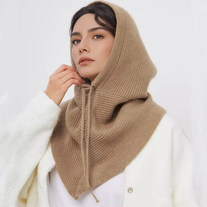 Knit Hood with Attached Scarf and Drawstring Closure