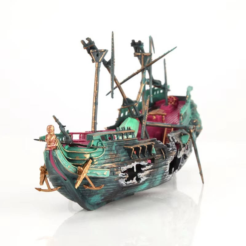 Sunken Boat Aquarium Decoration with Built-In Air System and Multiple Swim Spaces