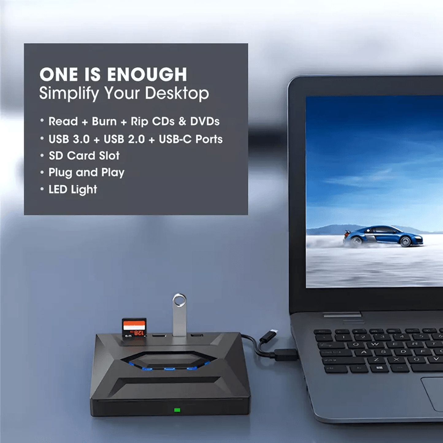 External Optical Drive with SD Card Slot and USB Hub for PC Mac Laptops