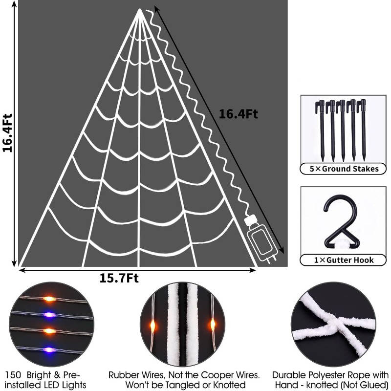 455 LED Halloween Spider Web Lights, 16.4 FT Giant Spider Web with Remote and 8 Lighting Modes