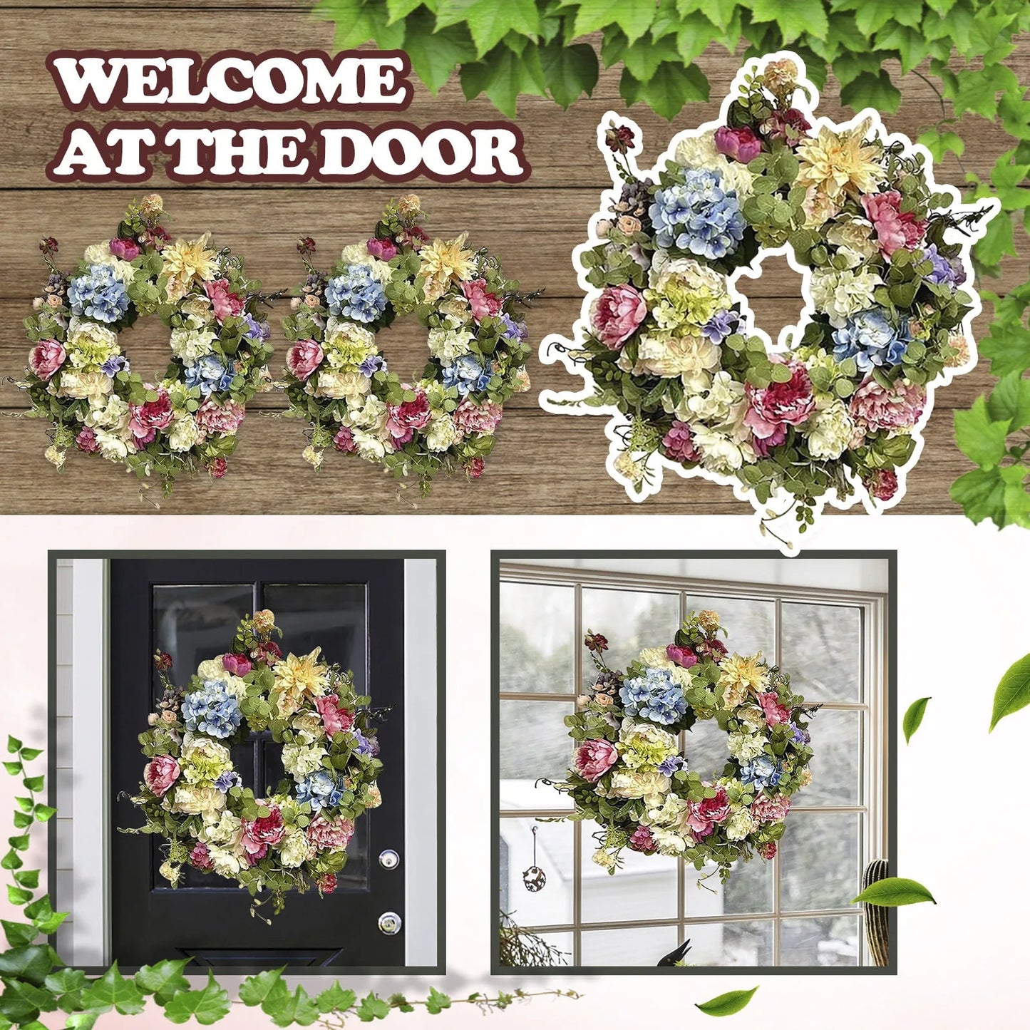 Synthetic Hydrangea Wreath with Rainbow Blooms and Green Foliage