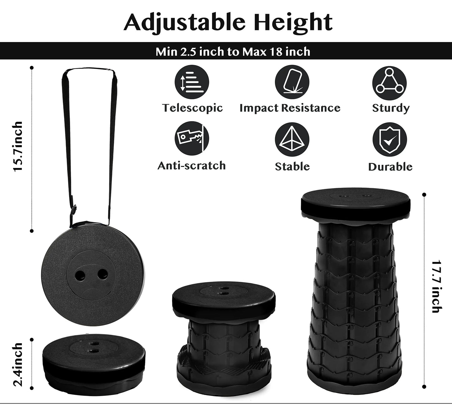 Telescopic Stool with Adjustable Height and Carrying Straps, 330 Pound Capacity