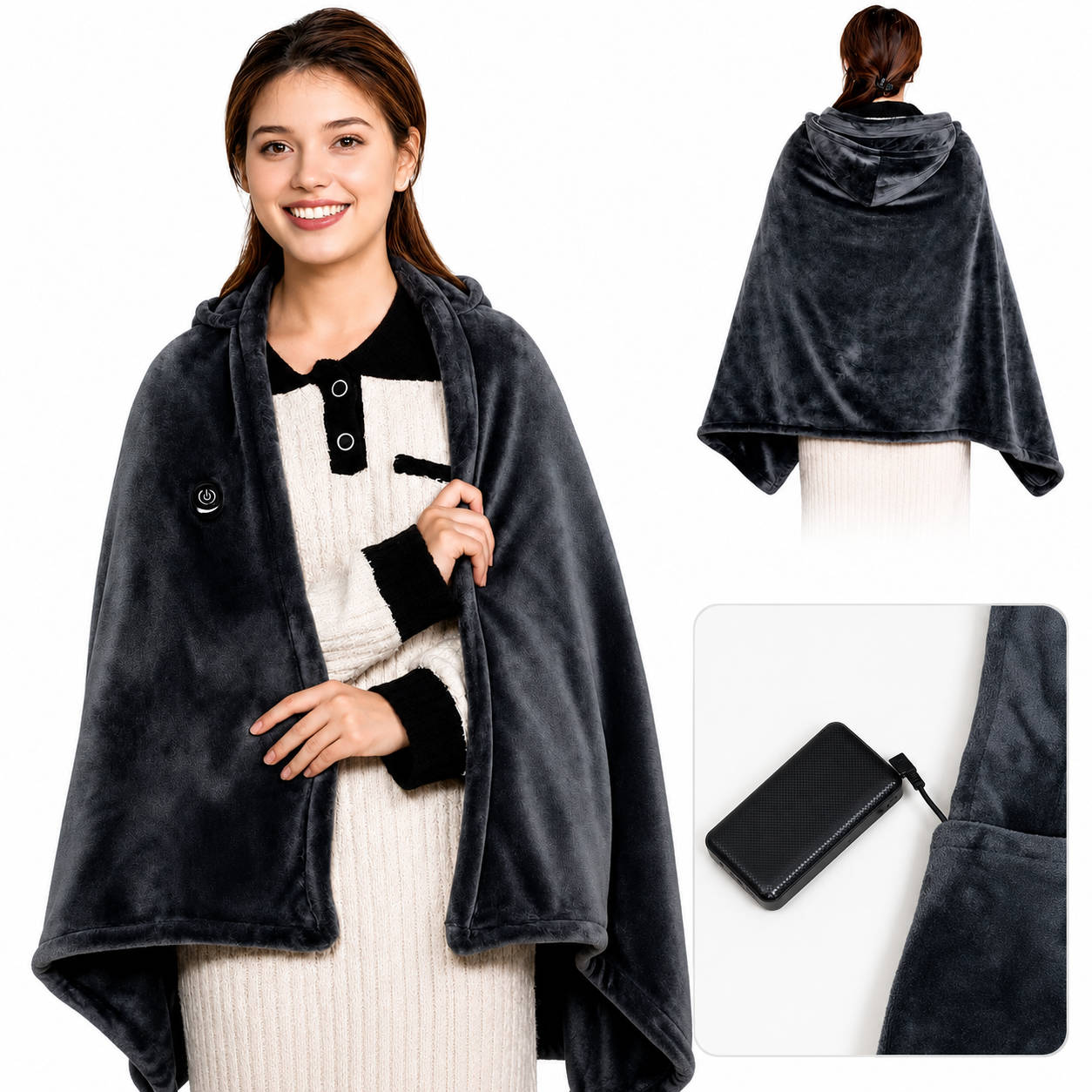 Cordless Heated Blanket with Hood, Rechargeable Wearable Throw with 9 Heating Zones and 3 Heat Levels for Camping