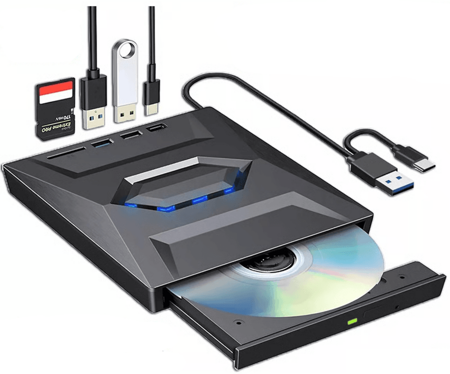 External Optical Drive with SD Card Slot and USB Hub for PC Mac Laptops