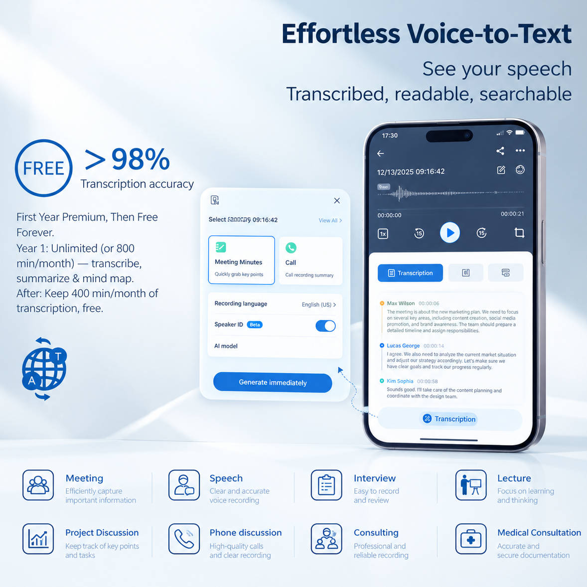 AI Voice Recorder, Smart Meeting Notes, Real Time Translation and AI Noise Reduction, Portable Digital Audio Recorder