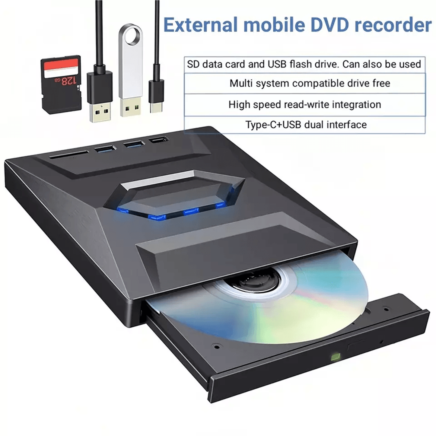 External Optical Drive with SD Card Slot and USB Hub for PC Mac Laptops