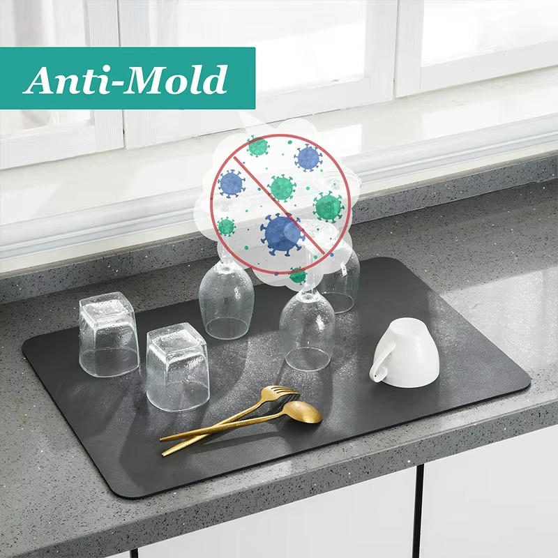Diatom Mud Dish Drying Mat with Rubber Non-Slip Base and Antimold Protection
