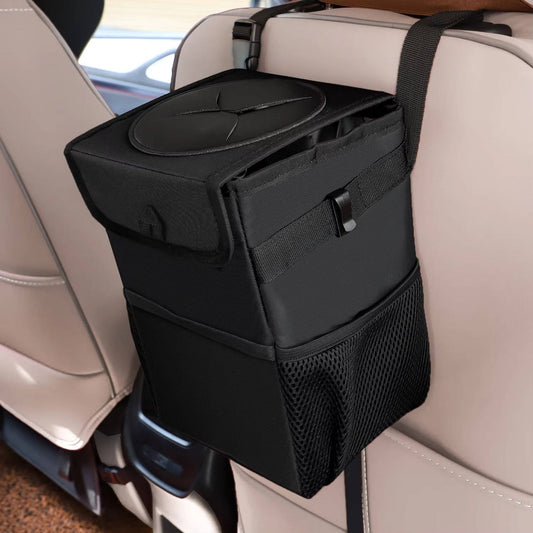 Leak Proof Car Trash Can with Lid and Storage Pockets, Large Capacity Automotive Garbage Bag & Multipurpose Organizer