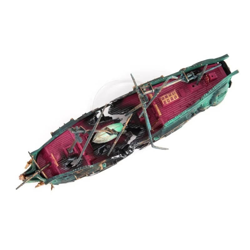 Sunken Boat Aquarium Decoration with Built-In Air System and Multiple Swim Spaces