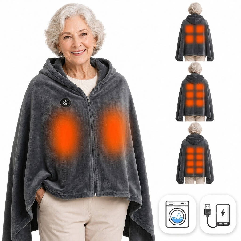 Cordless Heated Blanket with Hood, Rechargeable Wearable Throw with 9 Heating Zones and 3 Heat Levels for Camping