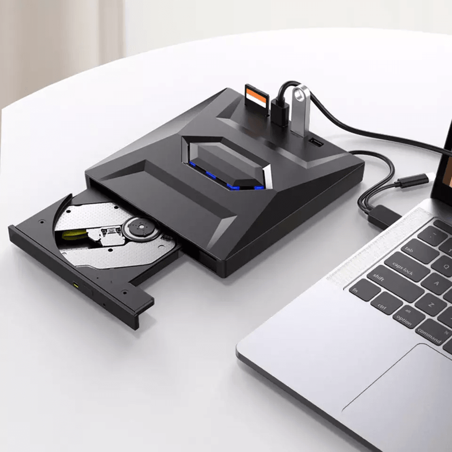 External Optical Drive with SD Card Slot and USB Hub for PC Mac Laptops