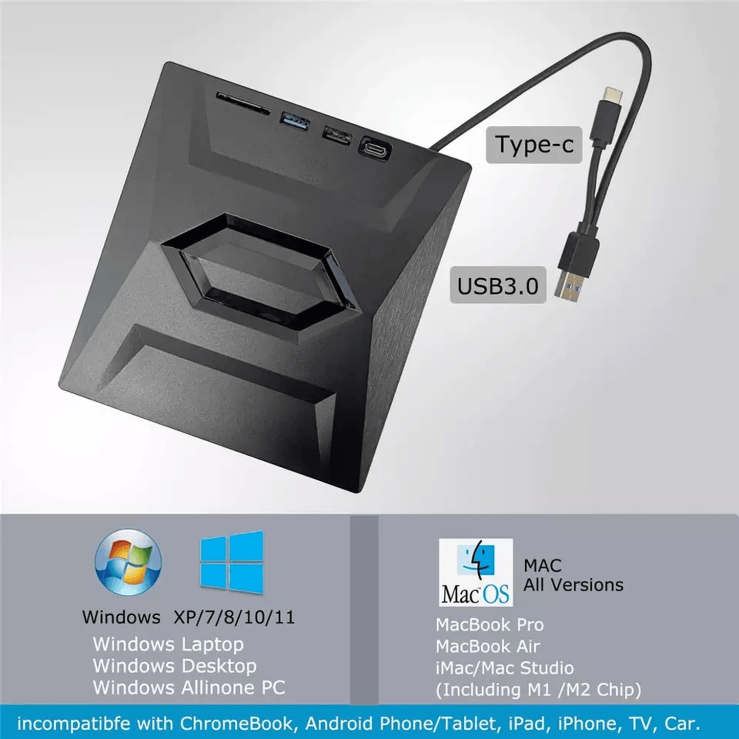External Optical Drive with SD Card Slot and USB Hub for PC Mac Laptops