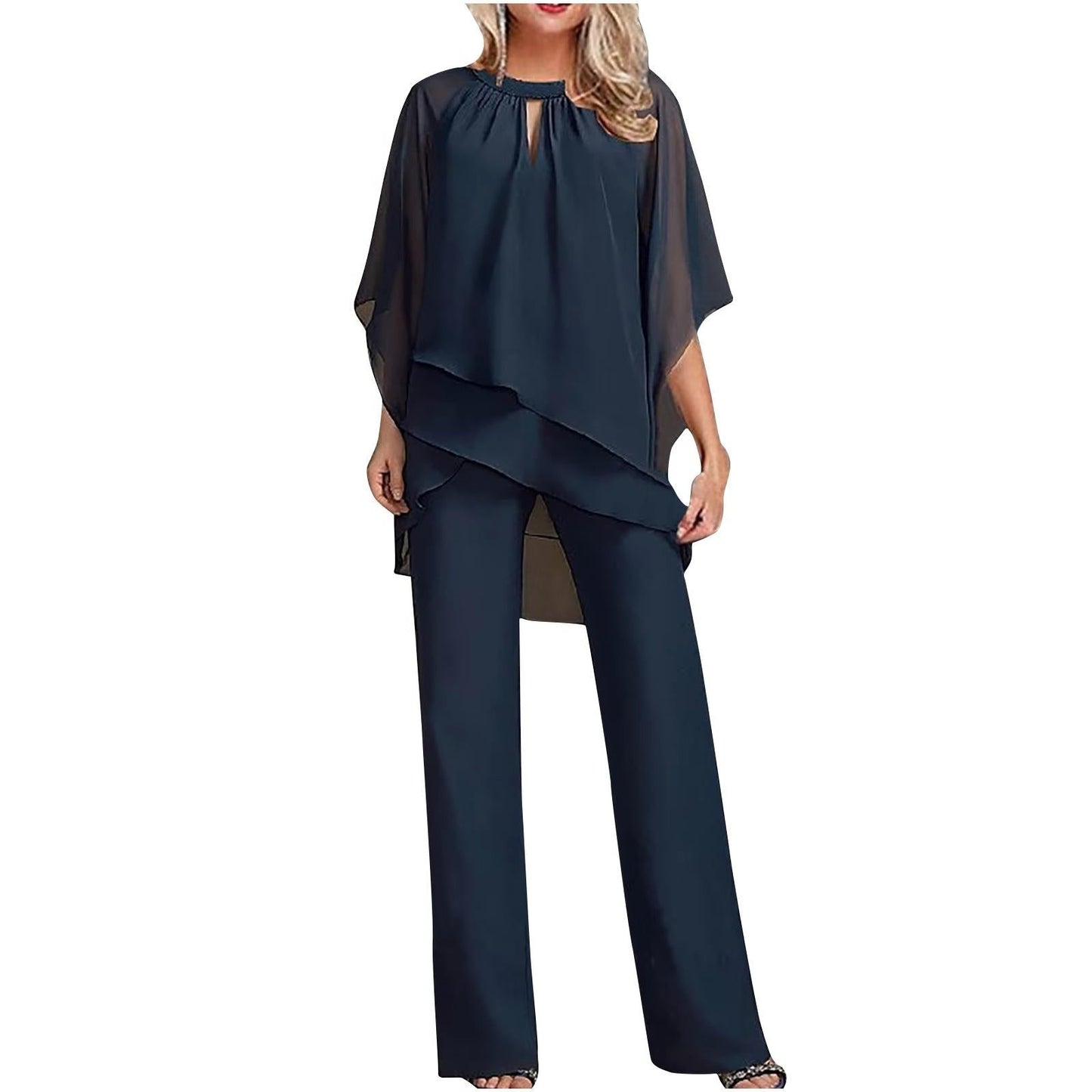 Chiffon Pantsuit with Batwing Sleeves and Shimmer Weave, Machine Washable