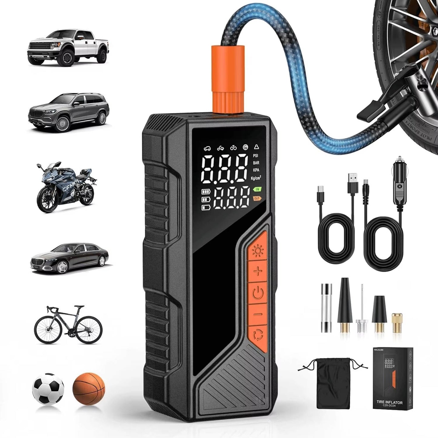 Portable Tire Inflator 150 PSI, Cordless Air Compressor 6000mAh Dual Power 12V DC with Digital Gauge Auto Shut Off for Car Bike Motorcycle Balls