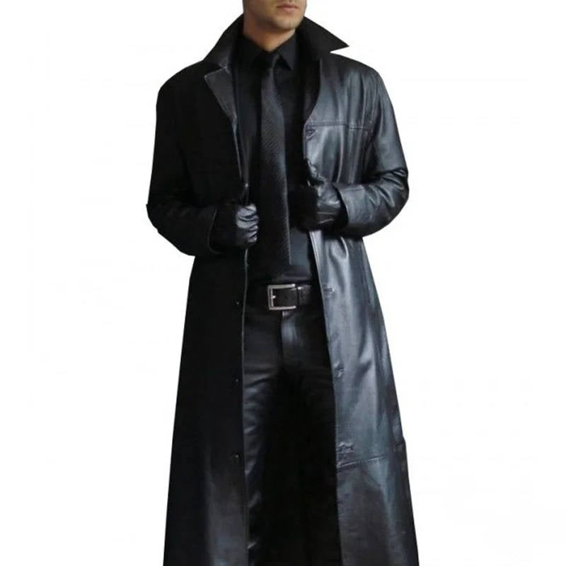 Mens Long Trench Coat with PU Outer Shell and Polyester Lining, Slim Fit