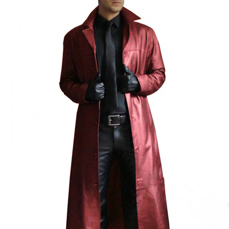 Mens Long Trench Coat with PU Outer Shell and Polyester Lining, Slim Fit