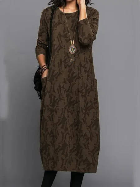 Floral Midi Dress with Long Sleeves and Side Pockets