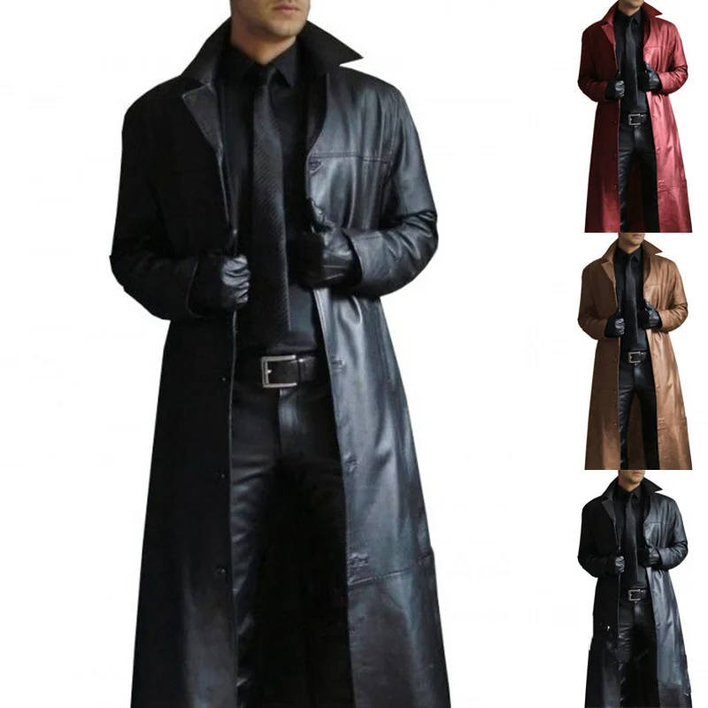 Mens Long Trench Coat with PU Outer Shell and Polyester Lining, Slim Fit
