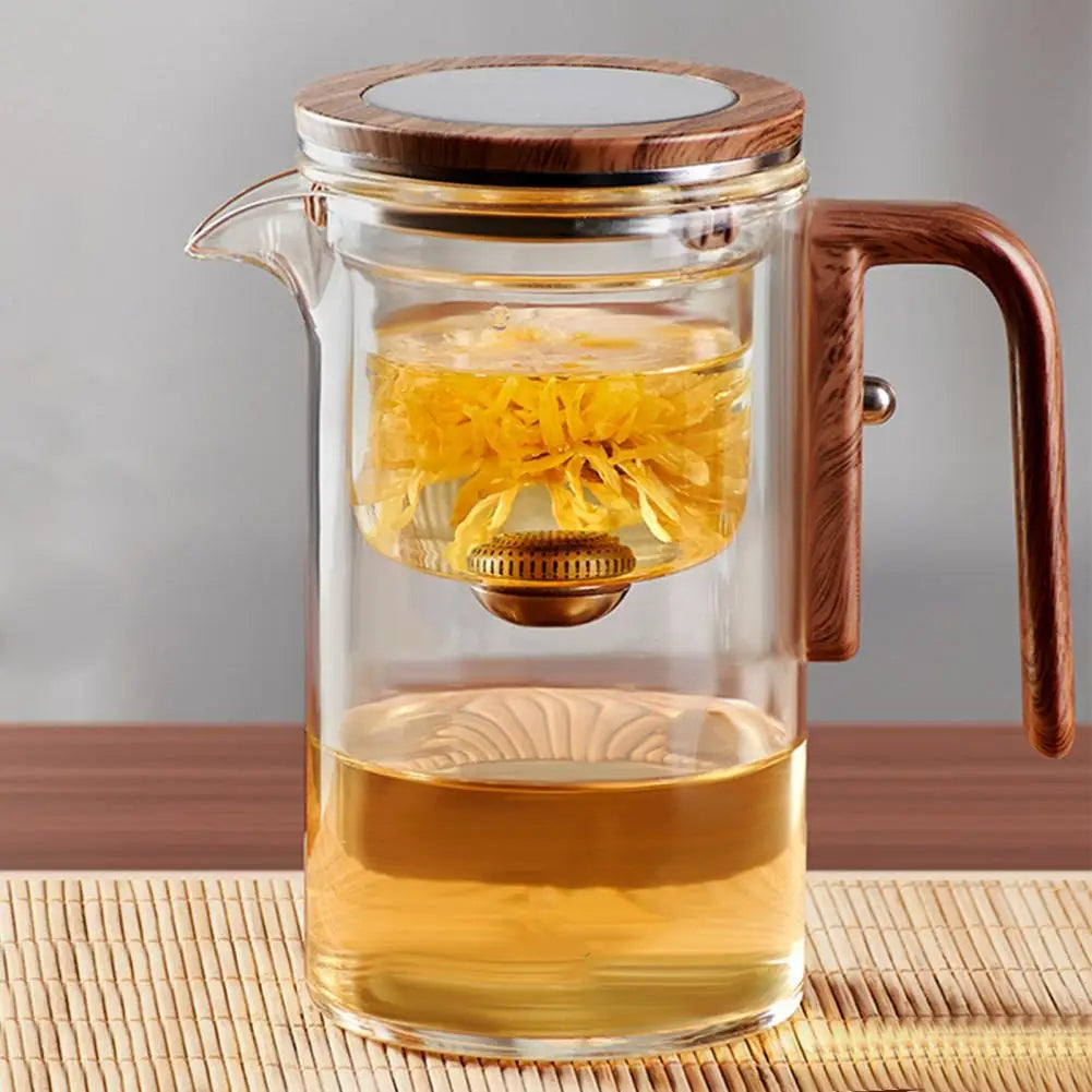 Glass Teapot with Removable Fine Mesh Infuser and Water Separation, Wooden Handle