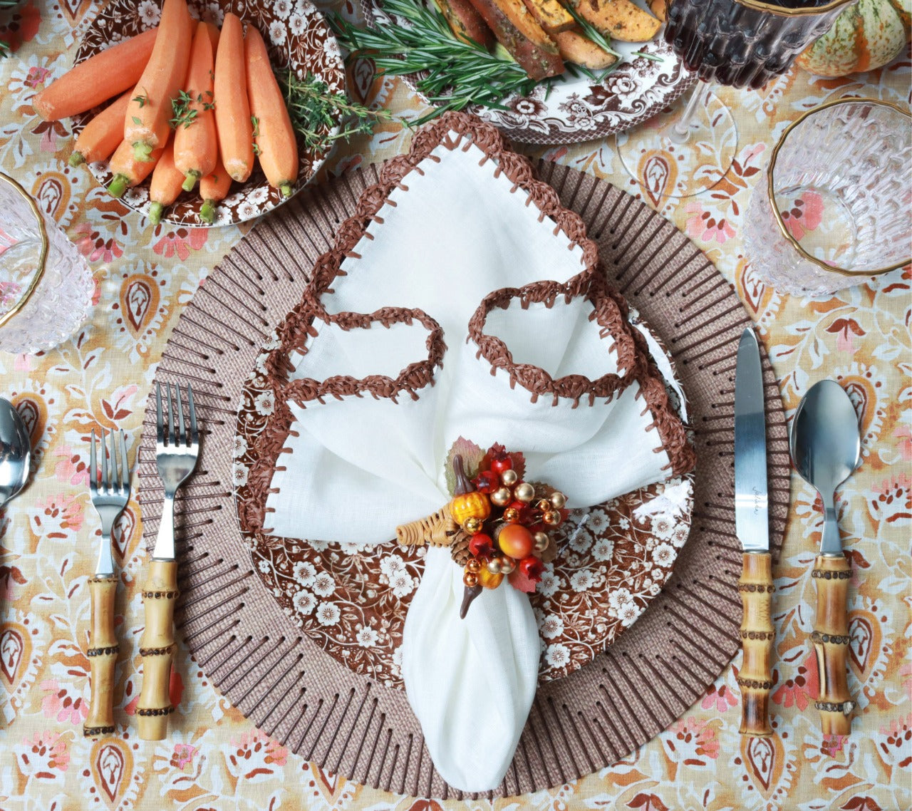 Harvest Cornucopia Napkin Ring with Berries and Pumpkins, Set of 4