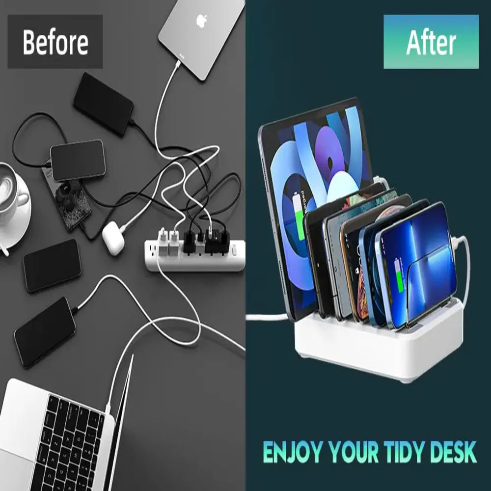 Multiple Device Fast Charging Station with 6-Port USB Organizer