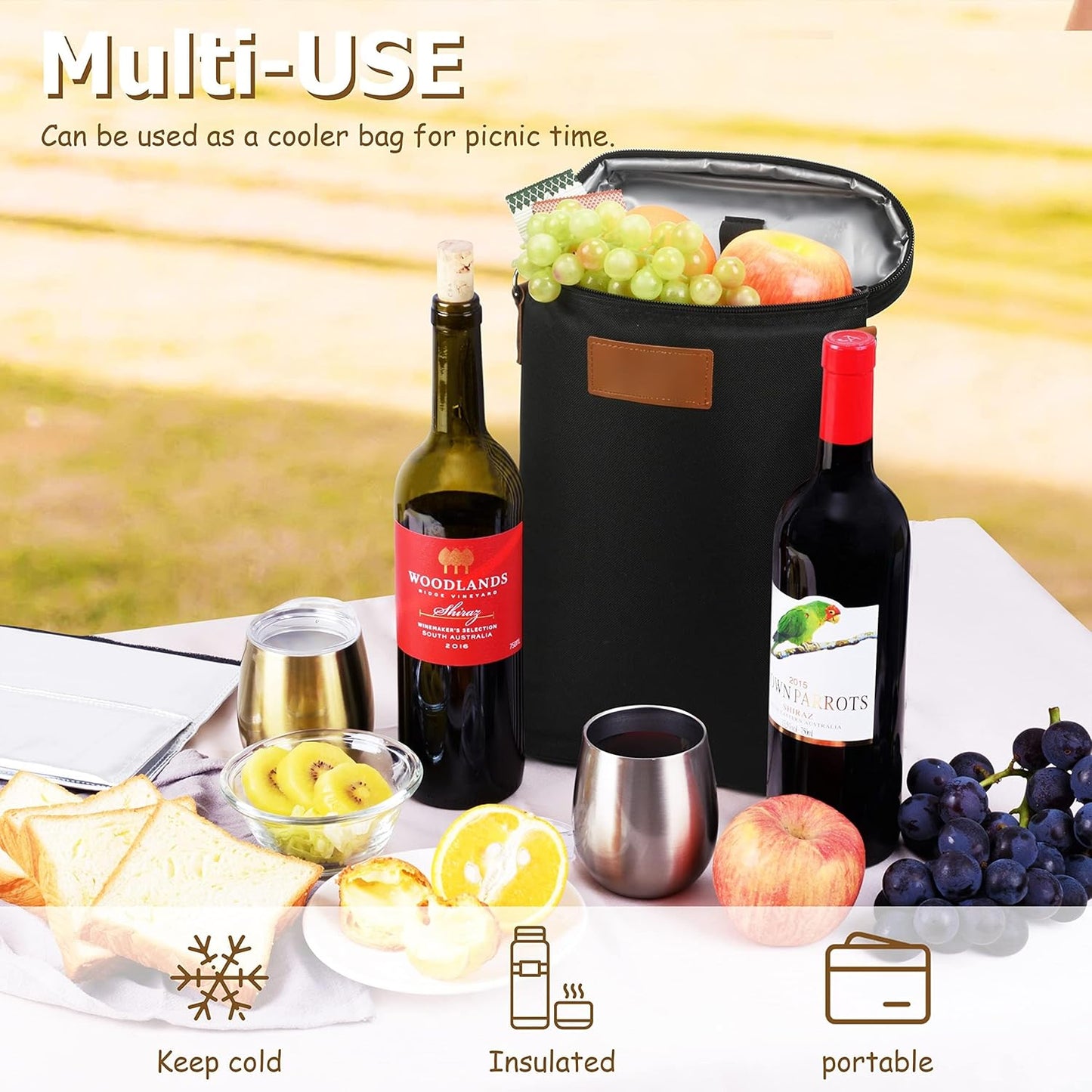 Insulated Wine Bottle Carrier for Two 750ml Bottles with Padded Divider and Adjustable Strap
