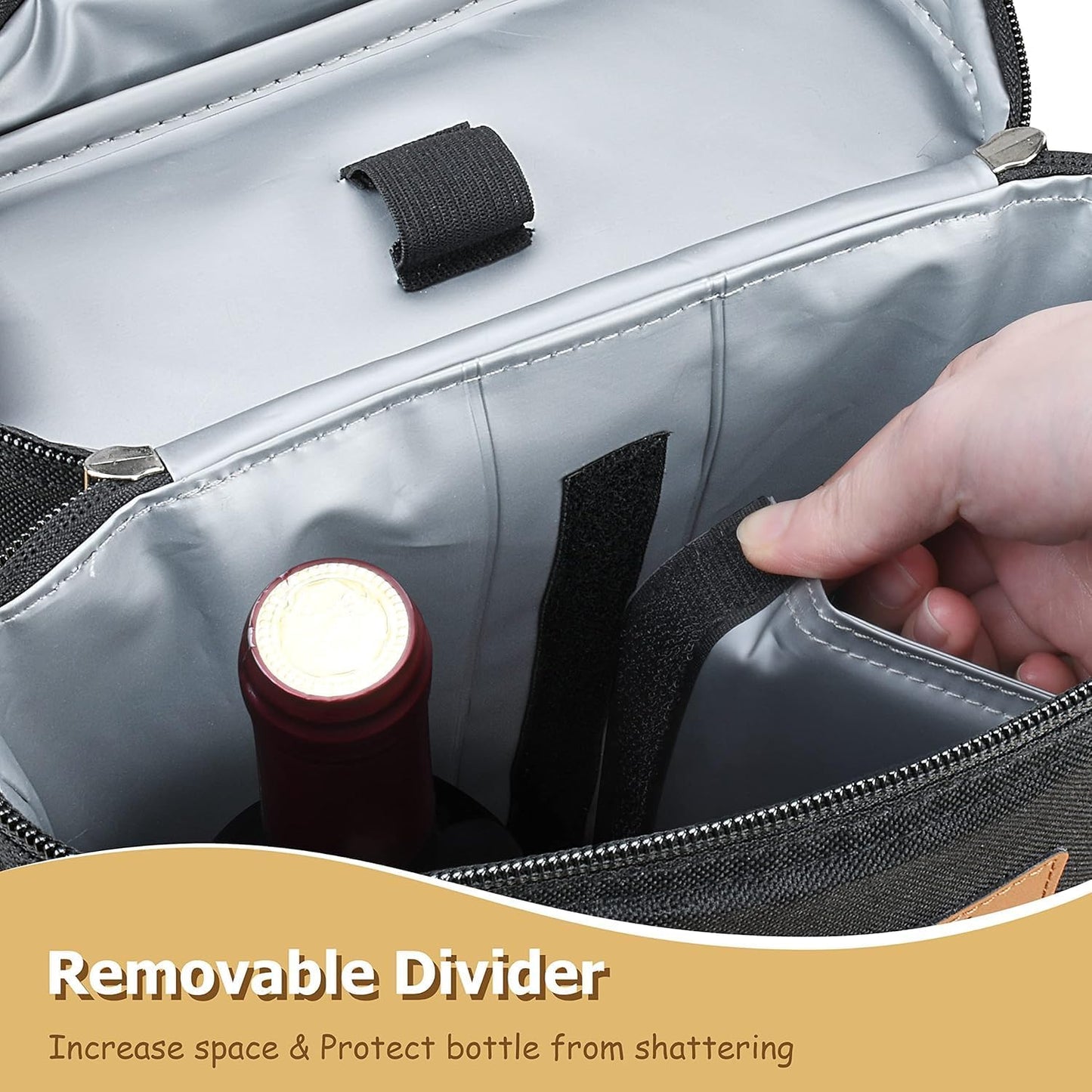 Insulated Wine Bottle Carrier for Two 750ml Bottles with Padded Divider and Adjustable Strap