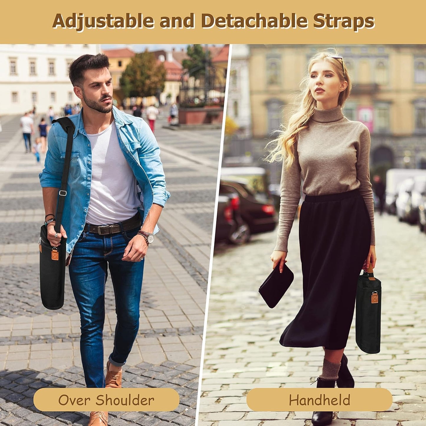 Insulated Wine Bottle Carrier for Two 750ml Bottles with Padded Divider and Adjustable Strap