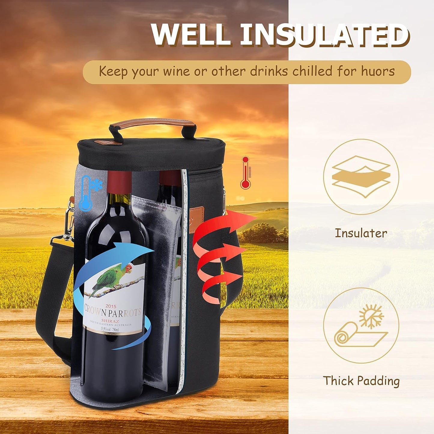 Insulated Wine Bottle Carrier for Two 750ml Bottles with Padded Divider and Adjustable Strap