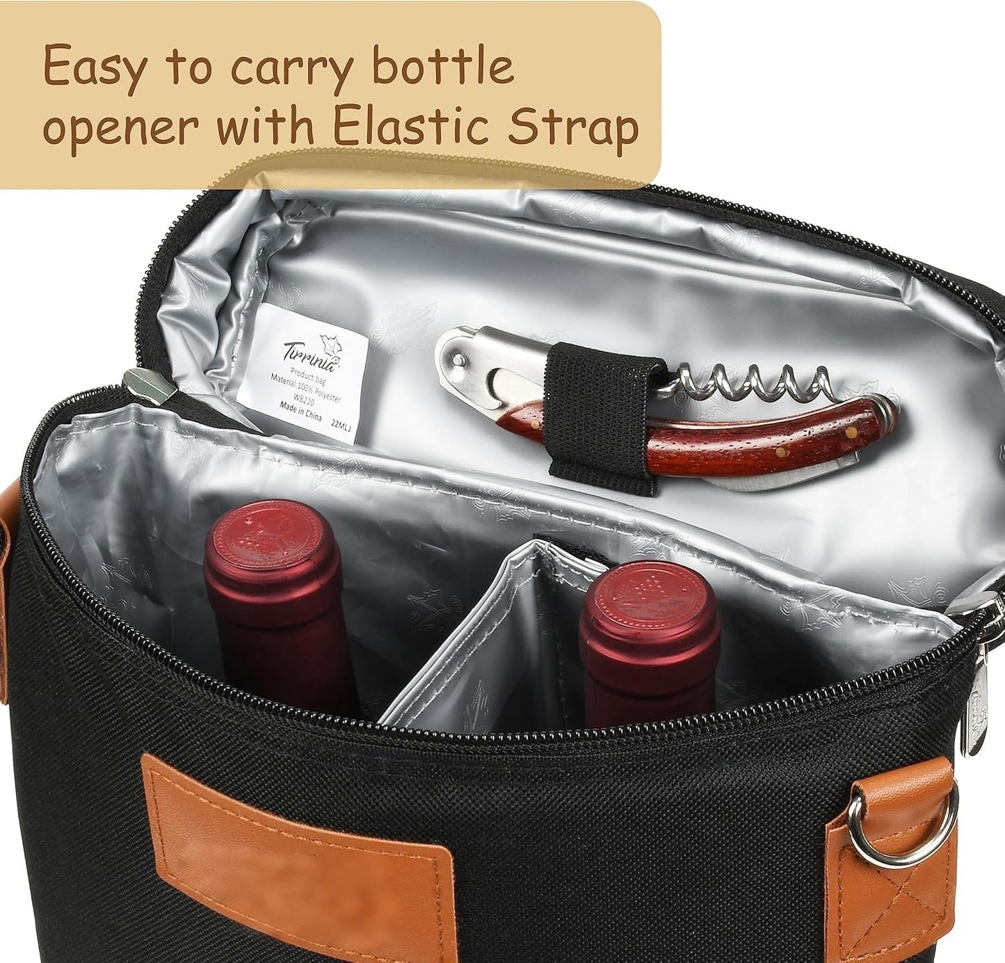 Insulated Wine Bottle Carrier for Two 750ml Bottles with Padded Divider and Adjustable Strap