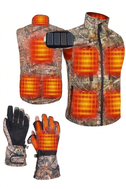 Heated Camo Vest and Gloves Set with Eight Heating Zones and Flip Open Fingertips