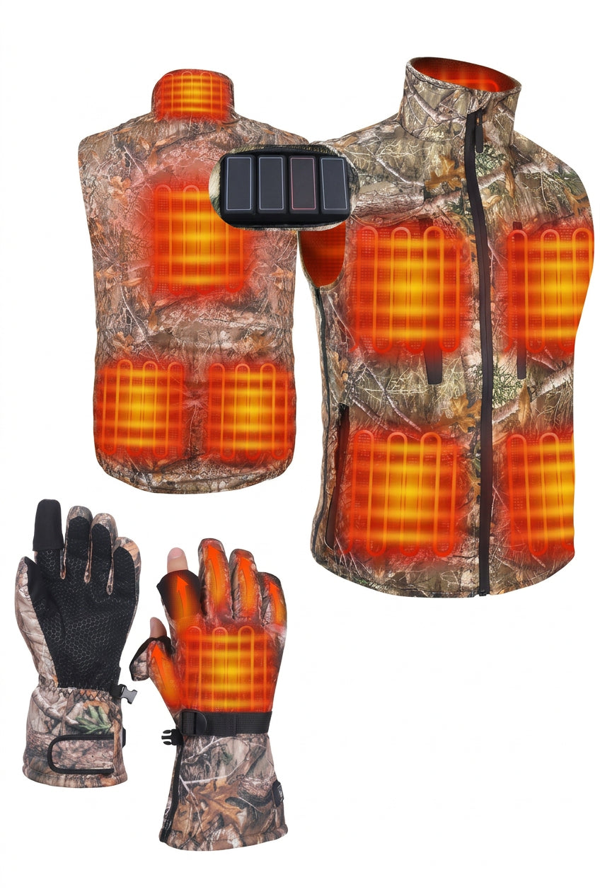 Heated Camo Vest and Gloves Set with Eight Heating Zones and Flip Open Fingertips