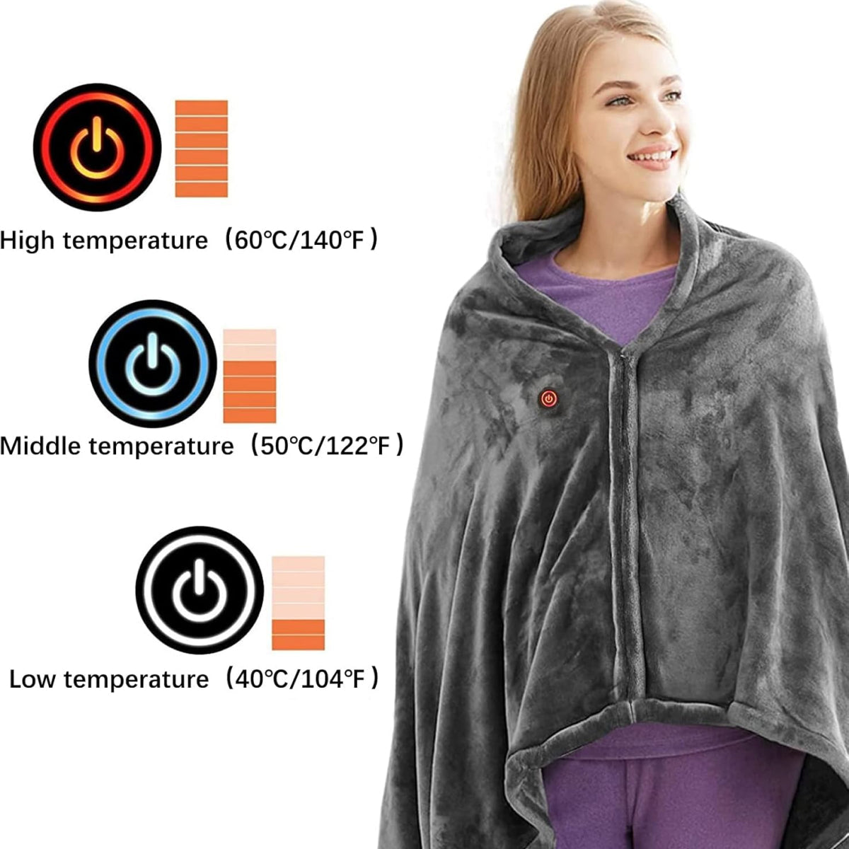 Heated Shawl with Three Temperature Settings and Zipper Closure, Machine Washable