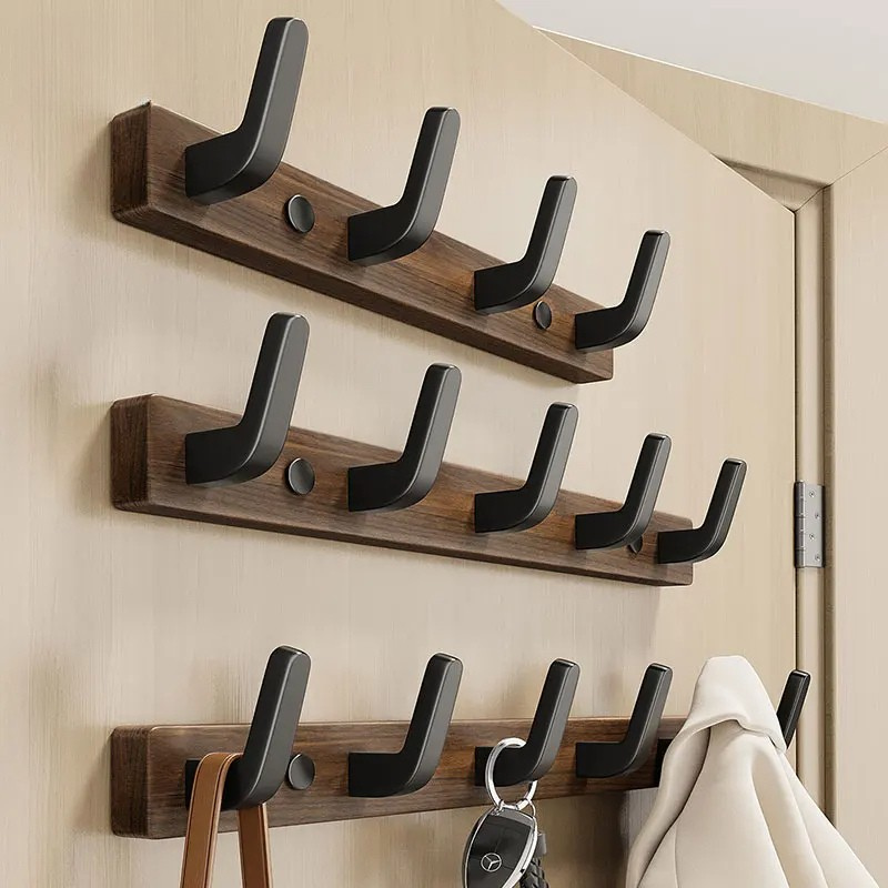 Wall Coat Rack with Solid Wood Backplate and Steel Hooks, Matte Black Finish, 4 Hooks