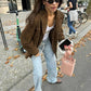 Women's Suede-Like Jacket with Tailored Lapel and Functional Pockets, Brown