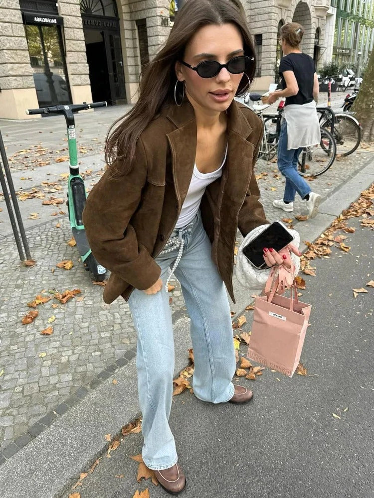 Women's Suede-Like Jacket with Tailored Lapel and Functional Pockets, Brown