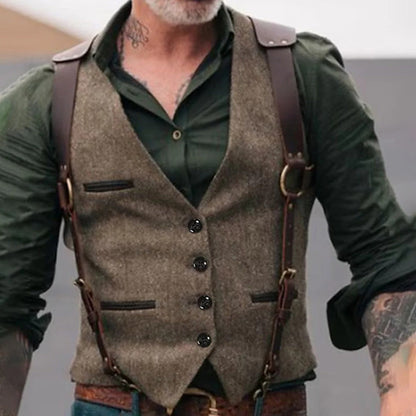Sleeveless Waistcoat with Front Button Closure and Textured Surface, Brown Black Light Grey