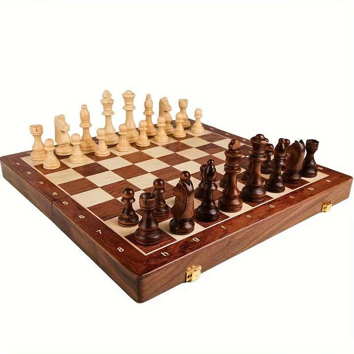 Foldable Wooden Chess Set with Magnetic Closure and Hand Carved Pieces, 15in Board