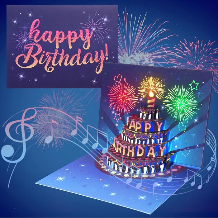 Birthday Greeting Card with 3D Pop-Up Cake and LED Lights, Sound Effects