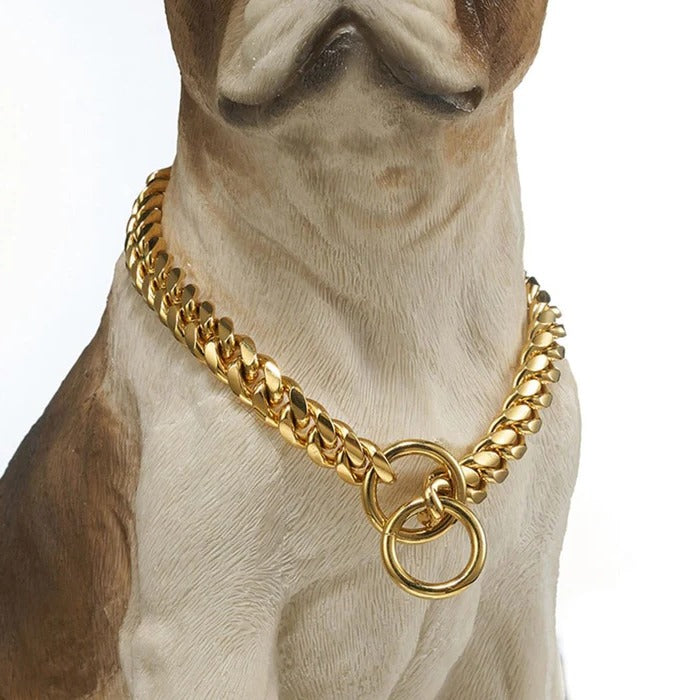 Metal Chain Dog Collar with Solid Links and Hand Polished Finish