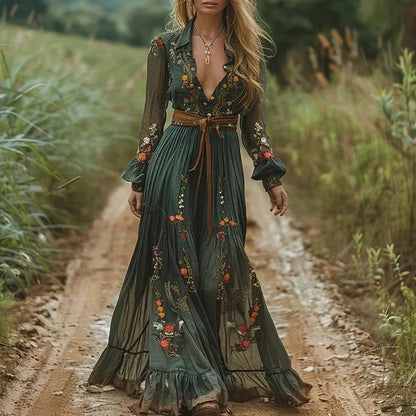 Long Sleeve Floral Maxi Dress with Tiered Skirt and Relaxed Fit